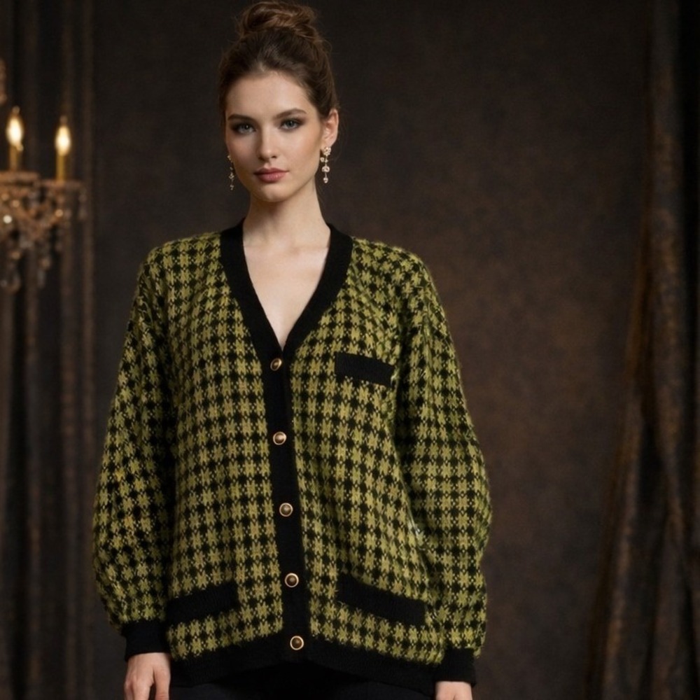Vintage Italian Knit Cardigan Sweater Green Black Houndstooth Made in Italy Bold